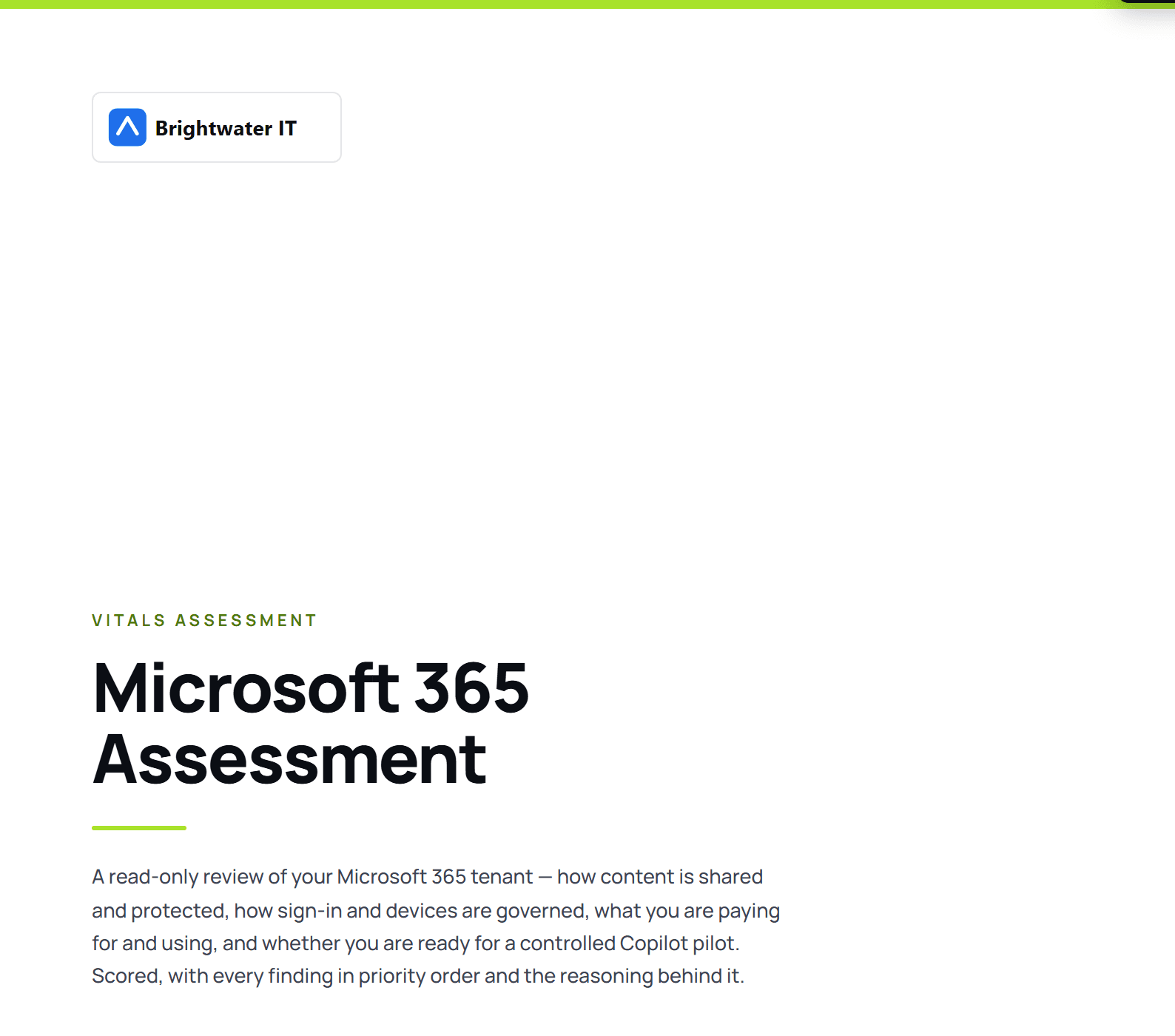 The cover of a white-label Vitals report carrying the partner's own logo and name: Microsoft 365 Assessment, a read-only review of the tenant.